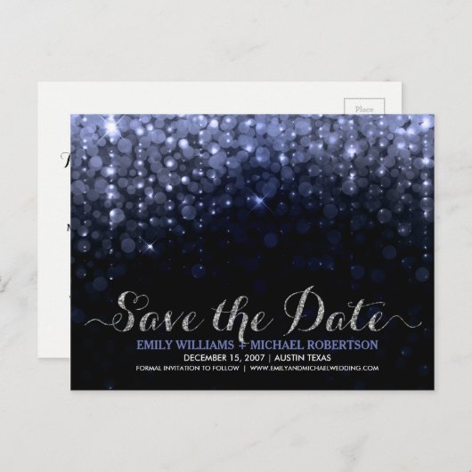 Eleganter Saitenlichter Blau Save the Date Ankündigungspostkarte (Vorne/Hinten)