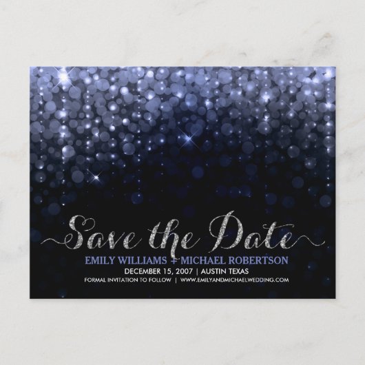 Eleganter Saitenlichter Blau Save the Date Ankündigungspostkarte (Vorderseite)