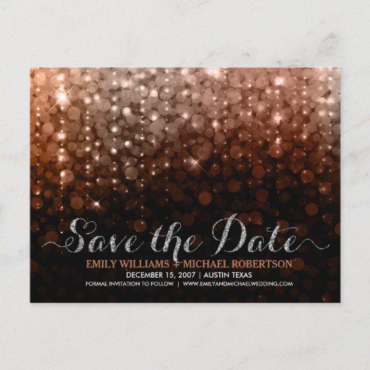 Eleganter Saitenlichter, braun Save the Date Ankündigungspostkarte (Vorderseite)