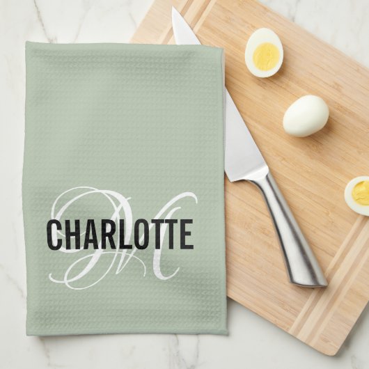 Eleganter Salbei-Monogramm-Name Geschirrtuch (Viertel Falte)