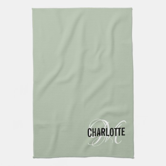 Eleganter Salbei-Monogramm-Name Geschirrtuch (Vertikal)