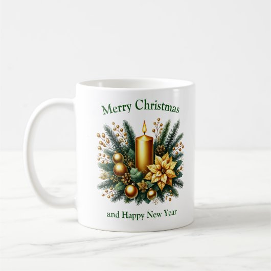 Eleganter Salbei und goldene Weihnachtskerze und K Kaffeetasse (Links)