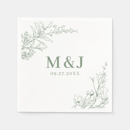 Eleganter Salbeigrüner Blumenkranz Monogramm Hochz Serviette (Vorderseite)