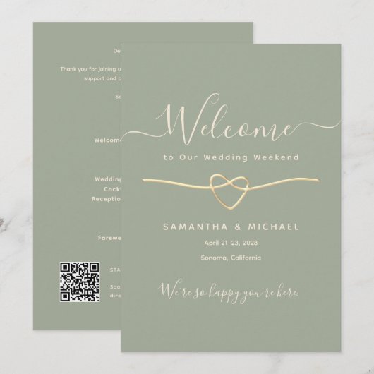 Eleganter Salbeigrüner Hochzeitswochenende-Willkom Einladung (Vorne/Hinten)