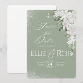 Eleganter Salbeigrüner Weißer Floral Save The Date (Vorne/Hinten)