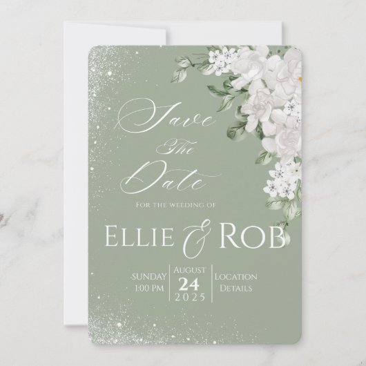 Eleganter Salbeigrüner Weißer Floral Save The Date (Vorderseite)