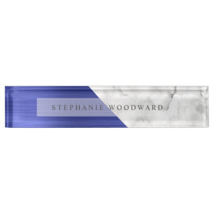 Eleganter Sapphire Blue Brushed Metal Weißer Marmo Namensplakette