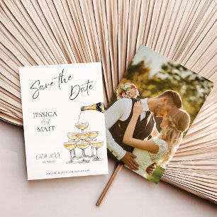 Eleganter Save-the-Date-Champagner-Turm mit Foto Save The Date