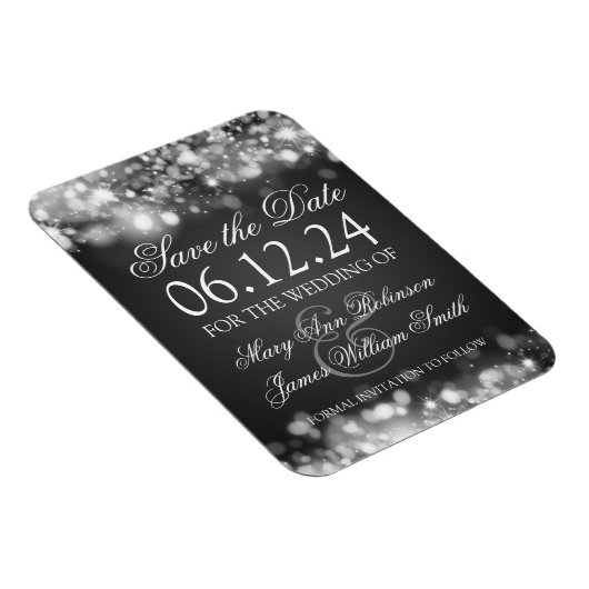 Eleganter Save the Date funkelnder Lichtsilber Magnet (Rechte Seite)