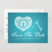 Eleganter Save the Date Key für mein Herz Türkis Ankündigungspostkarte (Vorne/Hinten)
