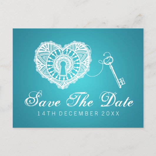 Eleganter Save the Date Key für mein Herz Türkis Ankündigungspostkarte (Vorderseite)