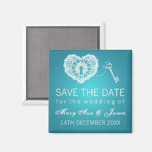 Eleganter Save the Date Key für mein Herz Türkis Magnet (Vorderseite/Rückseite)