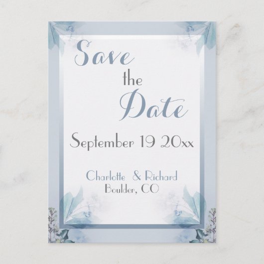 Eleganter Save the Date staubiger blauer Ankündigungspostkarte (Vorderseite)