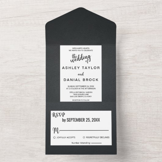 Eleganter schick Schwarz-Weiß rustikal extravagant All In One Einladung (Innen Boden)