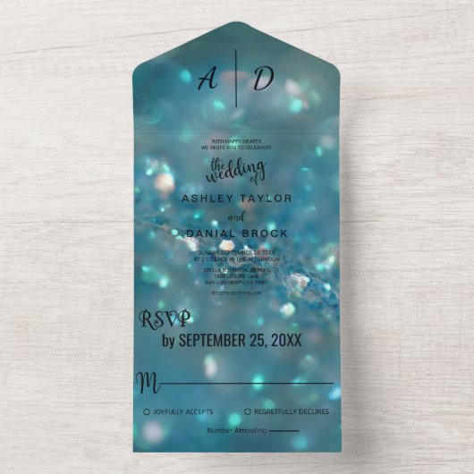 Eleganter schicker, blauer Glitzer Hochzeit All In One Einladung (Innen Boden)