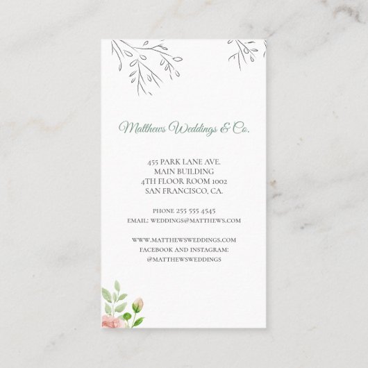 Eleganter schicker botanischer Hochzeitsplaner in Visitenkarte (Rückseite)