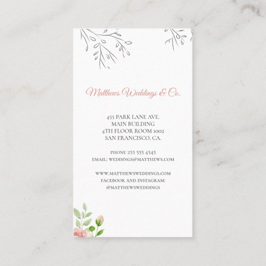 Eleganter schicker botanischer Hochzeitsplaner in Visitenkarte (Rückseite)