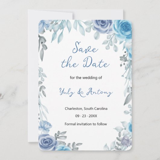 Eleganter Schieferblauer Wasserfarben-Blumengarten Save The Date (Vorderseite)