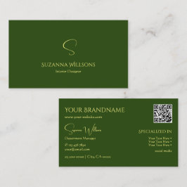 Eleganter Schlicht Forest Green mit Monogram QR Co Visitenkarte