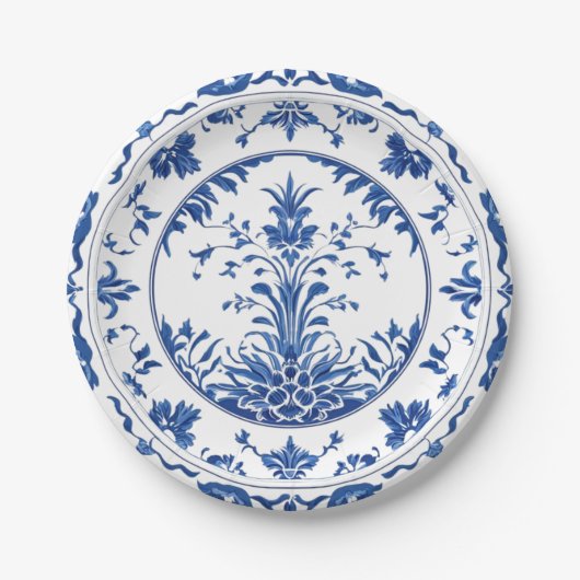 Eleganter, schlichter Blue White Blume Chinoiserie Pappteller (Vorderseite)