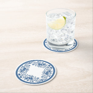 Eleganter, schlichter Blue White Blume Chinoiserie Runder Pappuntersetzer
