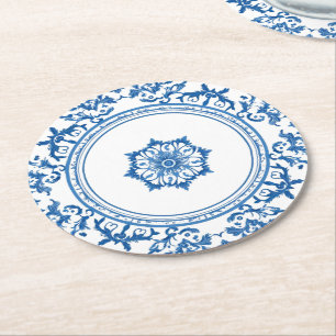 Eleganter, schlichter Blue White Blume Chinoiserie Runder Pappuntersetzer