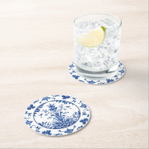Eleganter, schlichter Blue White Blume Chinoiserie Runder Pappuntersetzer