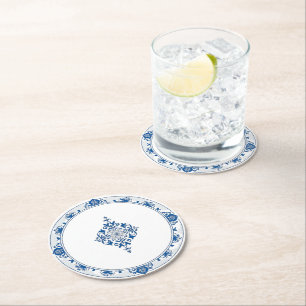 Eleganter, schlichter Blue White Blume Chinoiserie Runder Pappuntersetzer