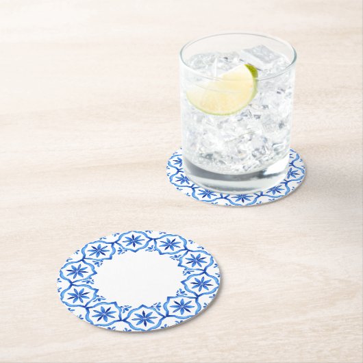 Eleganter, schlichter Blue White Blume Chinoiserie Runder Pappuntersetzer (Vor Ort)