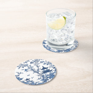 Eleganter, schlichter Blue White Blume Chinoiserie Runder Pappuntersetzer