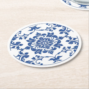 Eleganter, schlichter Blue White Blume Chinoiserie Runder Pappuntersetzer