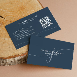 Eleganter Schlichter Navy Blue Script Monogram QR Visitenkarte