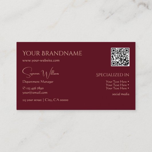 Eleganter Schlichter Weinrot mit Monogramm und QR- Visitenkarte (Rückseite)