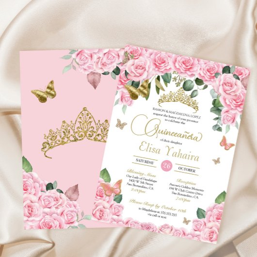 Eleganter Schmetterling Rosa Rose & Gold Quinceane Einladung