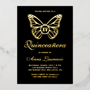 Eleganter Schmetterling Schwarz und Gold XV Quince Folieneinladung