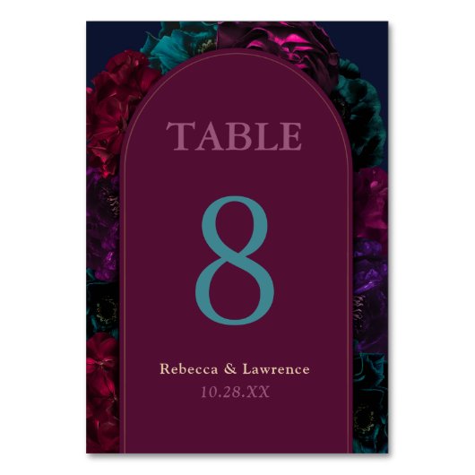 Eleganter Schmuck tönt bordeauxfarbene Blume Hochz Tischnummer (Vorderseite)