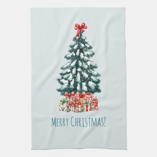 Eleganter schneebedeckter Weihnachtsbaum Geschirrtuch (Vertikal)