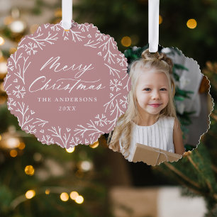 Eleganter Schneeflocken-Kranz-Rosa Foto Weihnachte Ornament Karte