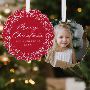 Eleganter Schneekranz Rot Foto Weihnachten Ornament Karte