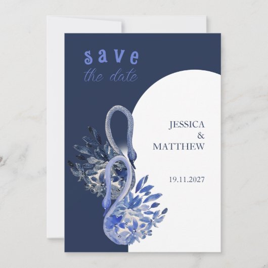 Eleganter, schöner Schwan bei Blue Wedding Save The Date (Vorderseite)