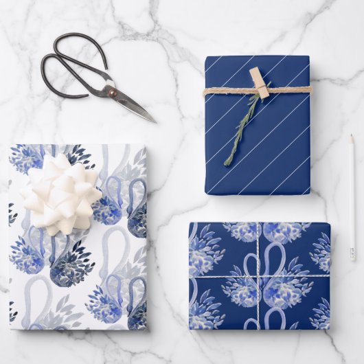 Eleganter schöner Schwan im Indigoklo Geschenkpapier Set (Vorderseite)