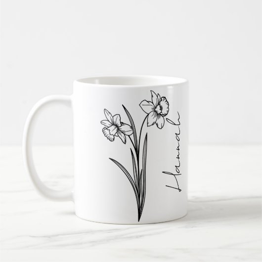 Eleganter Schriftname März-Geburtsmonatsblume Narz Kaffeetasse (Links)