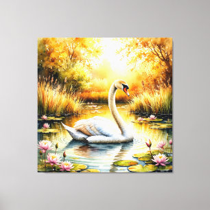 Eleganter Schwan gleitet über einen ruhigen Teich Leinwanddruck