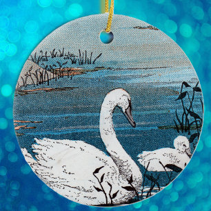 Eleganter Schwan mit Baby in Blue Lake Keramikornament