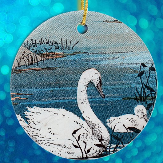 Eleganter Schwan mit Baby in Blue Lake Keramikornament