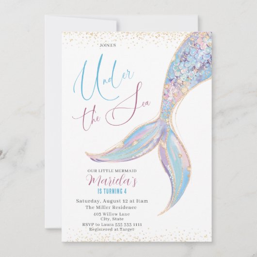 Eleganter Schwanz Wasserfarbe Meerjungfrau unter 4 Einladung (Vorderseite)