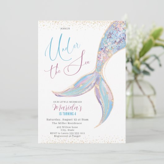 Eleganter Schwanz Wasserfarbe Meerjungfrau unter 4 Einladung (Stehend Vorderseite)