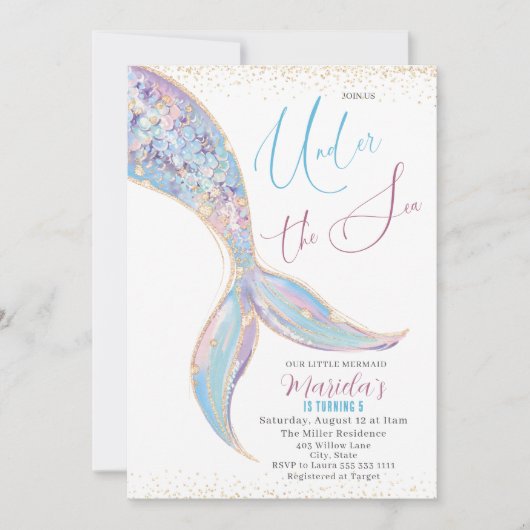 Eleganter Schwanz Wasserfarbe Meerjungfrau unter 5 Einladung (Vorderseite)