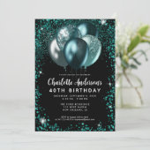 Eleganter Schwarz Aquamarin Green Glitzer Balloon  Einladung (Stehend Vorderseite)