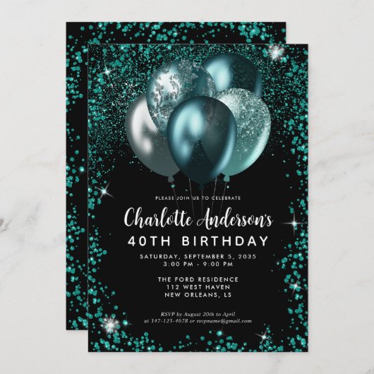 Eleganter Schwarz Aquamarin Green Glitzer Balloon Einladung (Vorne/Hinten)